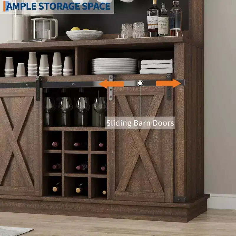 Meuble de Bar à Café de Ferme de 75 Pouces - Vaisselier Haut avec Porte Coulissante Style Grange, Buffet de Rangement pour Salle à Manger et Cuisine