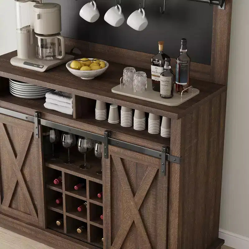 Meuble de Bar à Café de Ferme de 75 Pouces - Vaisselier Haut avec Porte Coulissante Style Grange, Buffet de Rangement pour Salle à Manger et Cuisine