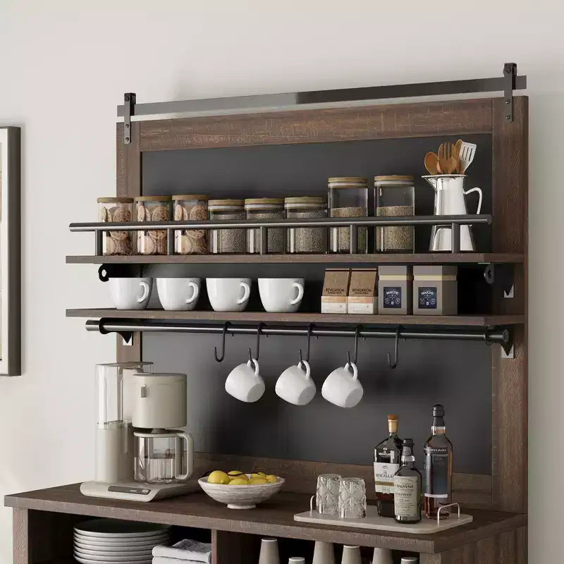 Meuble de Bar à Café de Ferme de 75 Pouces - Vaisselier Haut avec Porte Coulissante Style Grange, Buffet de Rangement pour Salle à Manger et Cuisine