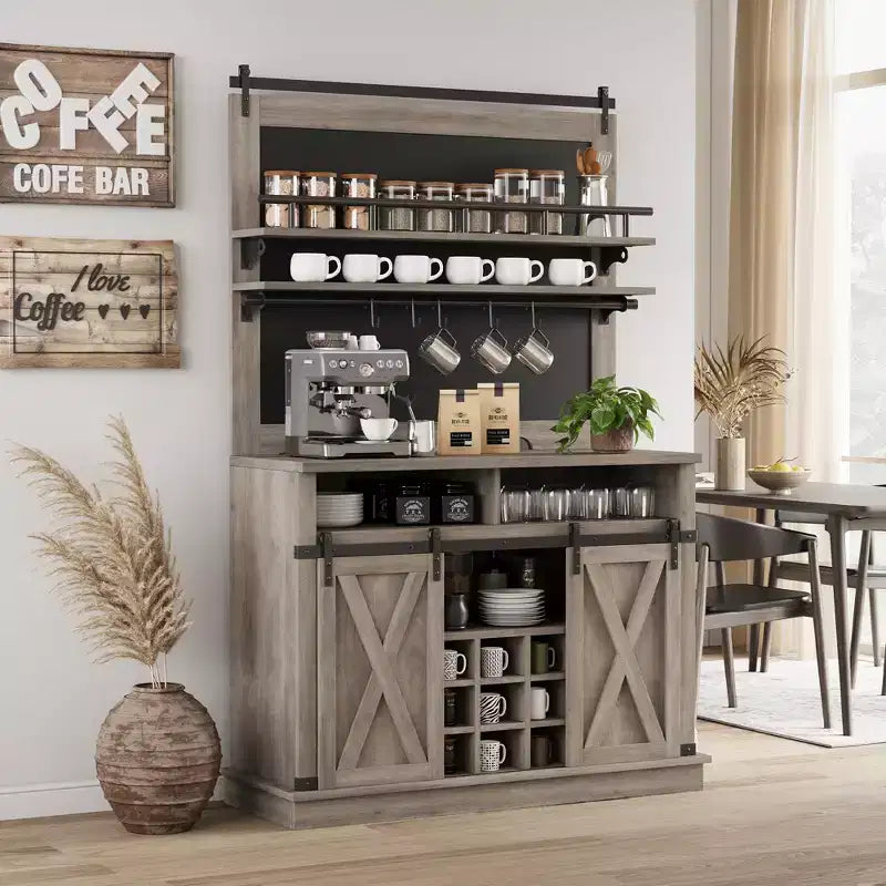 Meuble de Bar à Café de Ferme de 75 Pouces - Vaisselier Haut avec Porte Coulissante Style Grange, Buffet de Rangement pour Salle à Manger et Cuisine