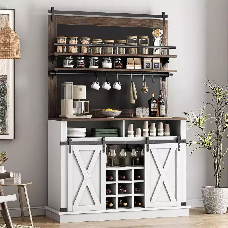 Meuble de Bar à Café de Ferme de 75 Pouces - Vaisselier Haut avec Porte Coulissante Style Grange, Buffet de Rangement pour Salle à Manger et Cuisine
