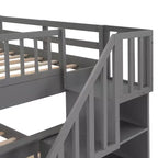 Lit superposé pleine grandeur pour enfants avec escalier de rangement et garde-corps pour chambre à coucher, gris