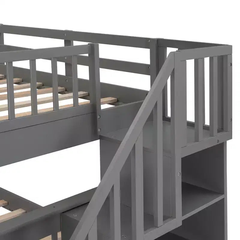 Lit superposé pleine grandeur pour enfants avec escalier de rangement et garde-corps pour chambre à coucher, gris