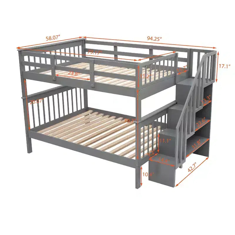 Lit superposé pleine grandeur pour enfants avec escalier de rangement et garde-corps pour chambre à coucher, gris