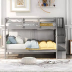 Lit superposé pleine grandeur pour enfants avec escalier de rangement et garde-corps pour chambre à coucher, gris