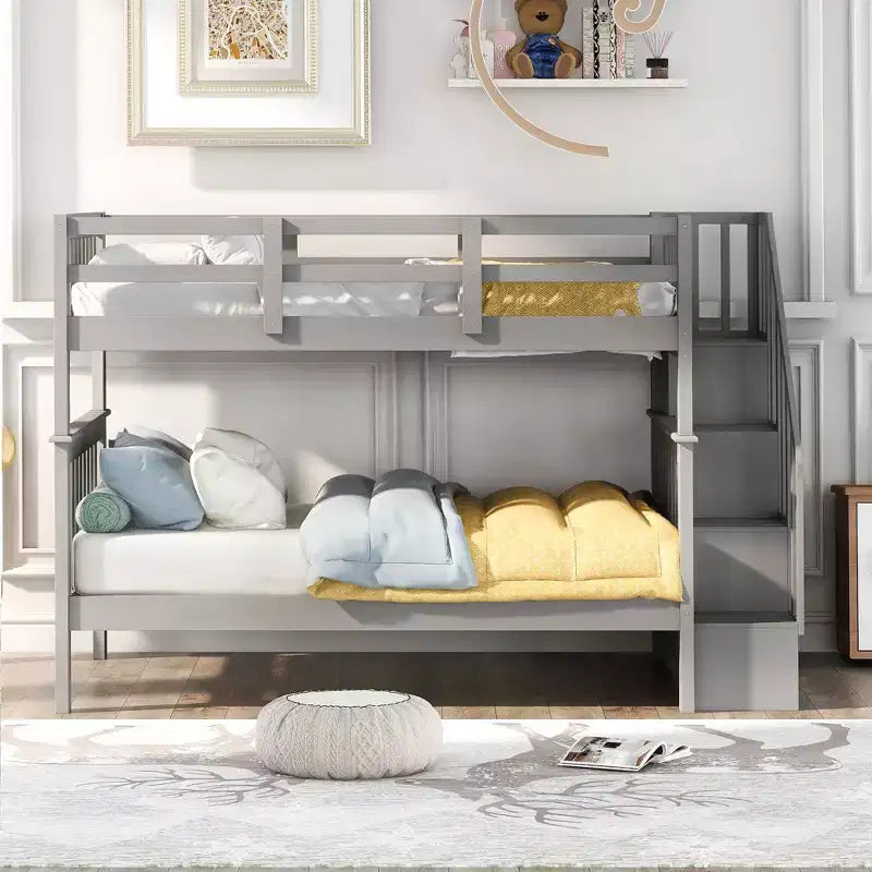 Lit superposé pleine grandeur pour enfants avec escalier de rangement et garde-corps pour chambre à coucher, gris