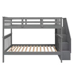 Lit superposé pleine grandeur pour enfants avec escalier de rangement et garde-corps pour chambre à coucher, gris