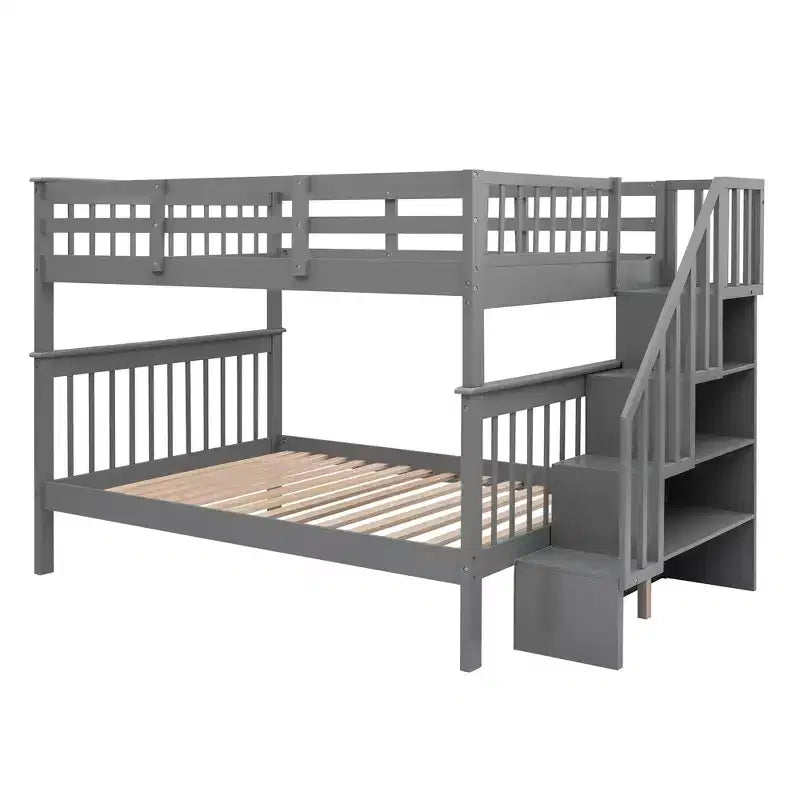 Lit superposé pleine grandeur pour enfants avec escalier de rangement et garde-corps pour chambre à coucher, gris