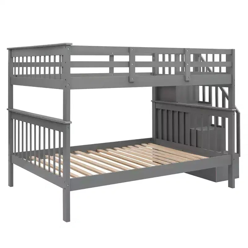 Lit superposé pleine grandeur pour enfants avec escalier de rangement et garde-corps pour chambre à coucher, gris