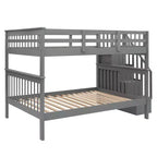 Lit superposé pleine grandeur pour enfants avec escalier de rangement et garde-corps pour chambre à coucher, gris
