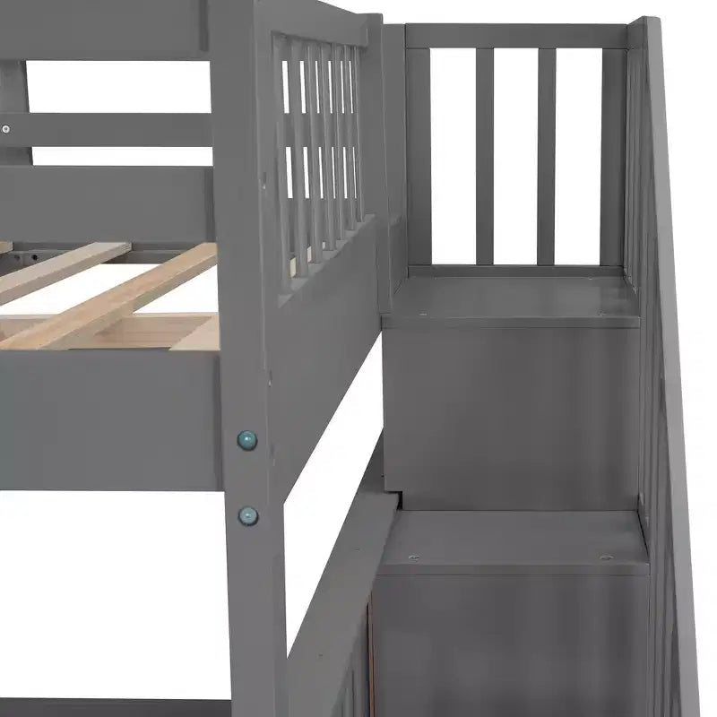 Lit superposé pleine grandeur pour enfants avec escalier de rangement et garde-corps pour chambre à coucher, gris