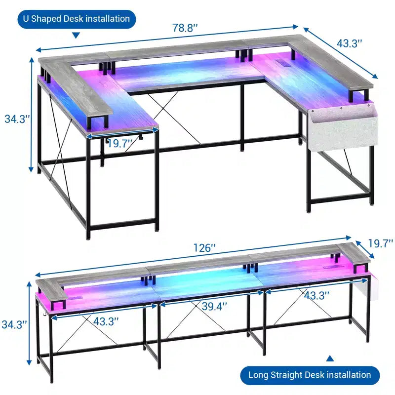 Bureau d'ordinateur en U, console réversible en L avec prises, bande lumineuse et support d'écran, fonction de rangement, convient pour le bureau à domicile