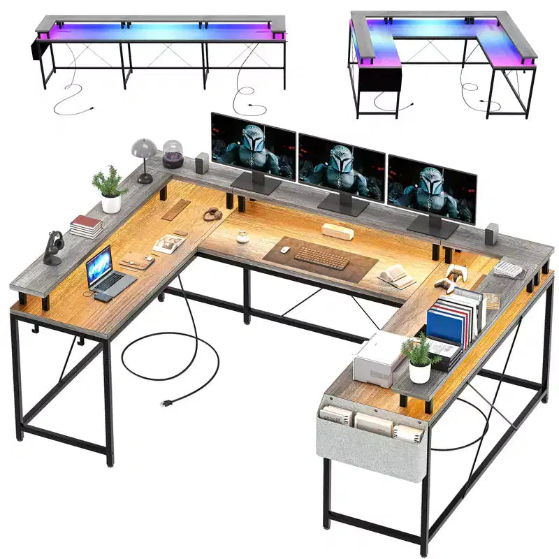 Bureau d'ordinateur en U, console réversible en L avec prises, bande lumineuse et support d'écran, fonction de rangement, convient pour le bureau à domicile