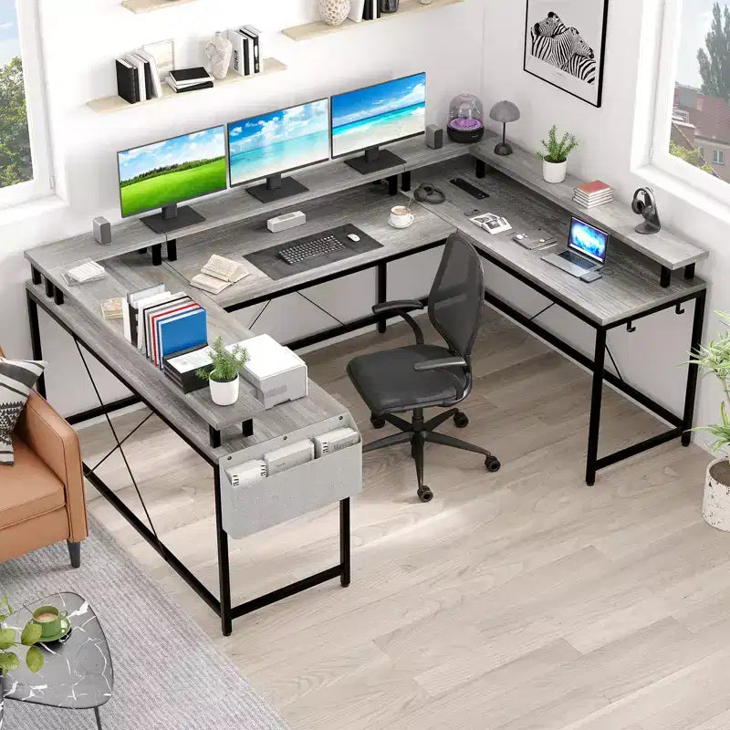 Bureau d'ordinateur en U, console réversible en L avec prises, bande lumineuse et support d'écran, fonction de rangement, convient pour le bureau à domicile