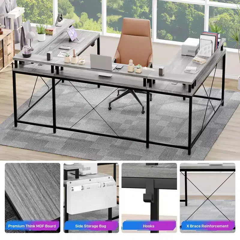 Bureau d'ordinateur en U, console réversible en L avec prises, bande lumineuse et support d'écran, fonction de rangement, convient pour le bureau à domicile