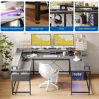 Bureau d'ordinateur en U, console réversible en L avec prises, bande lumineuse et support d'écran, fonction de rangement, convient pour le bureau à domicile