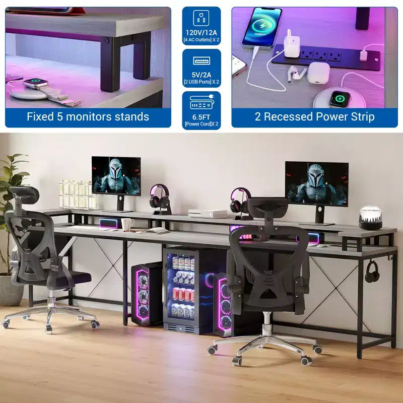 Bureau d'ordinateur en U, console réversible en L avec prises, bande lumineuse et support d'écran, fonction de rangement, convient pour le bureau à domicile