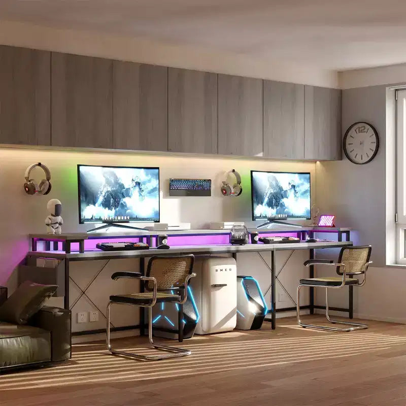Bureau d'ordinateur en U, console réversible en L avec prises, bande lumineuse et support d'écran, fonction de rangement, convient pour le bureau à domicile