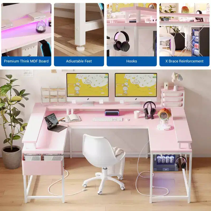 Bureau d'ordinateur en U, console réversible en L avec prises, bande lumineuse et support d'écran, fonction de rangement, convient pour le bureau à domicile