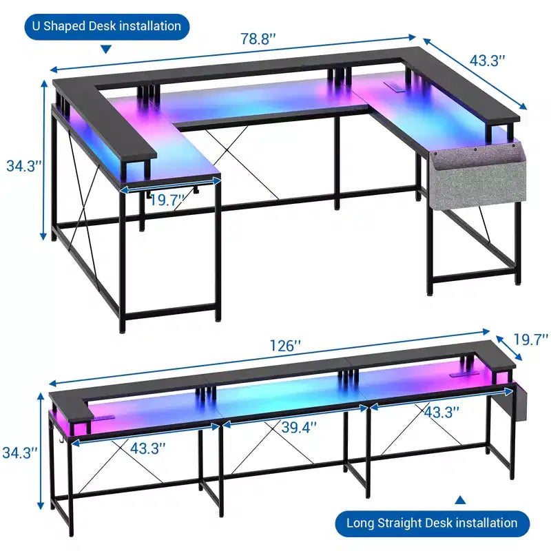 Bureau d'ordinateur en U, console réversible en L avec prises, bande lumineuse et support d'écran, fonction de rangement, convient pour le bureau à domicile