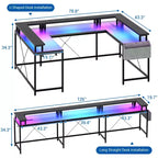 Bureau d'ordinateur en U, console réversible en L avec prises, bande lumineuse et support d'écran, fonction de rangement, convient pour le bureau à domicile
