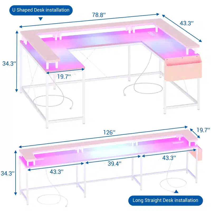 Bureau d'ordinateur en U, console réversible en L avec prises, bande lumineuse et support d'écran, fonction de rangement, convient pour le bureau à domicile