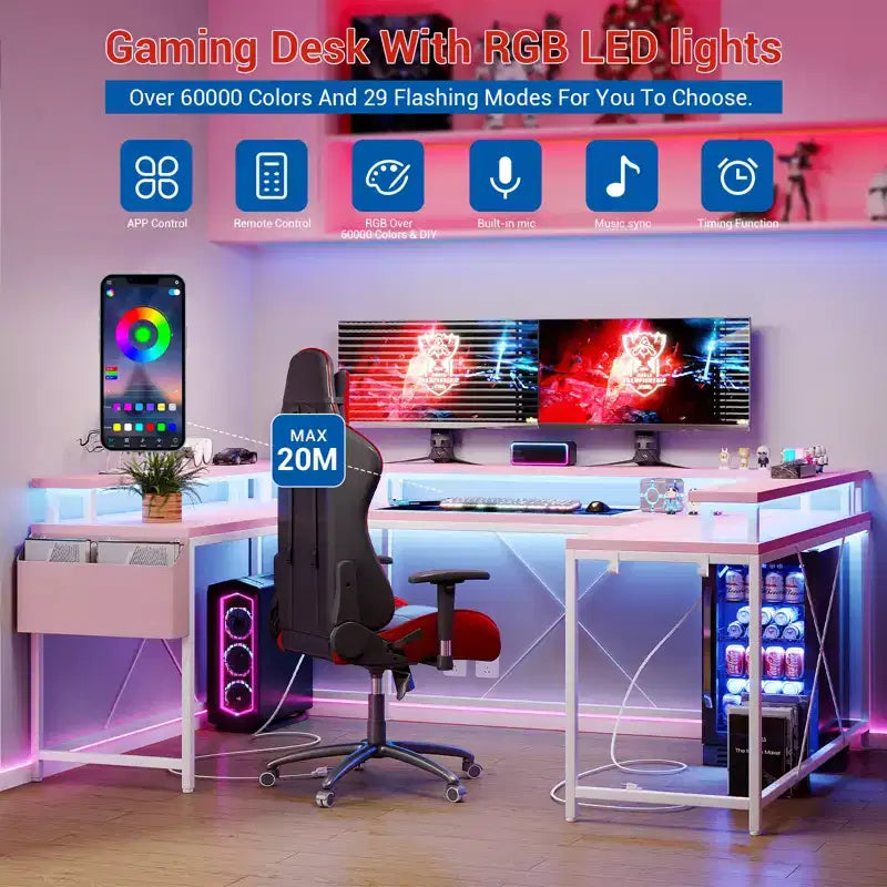 Bureau d'ordinateur en U, console réversible en L avec prises, bande lumineuse et support d'écran, fonction de rangement, convient pour le bureau à domicile