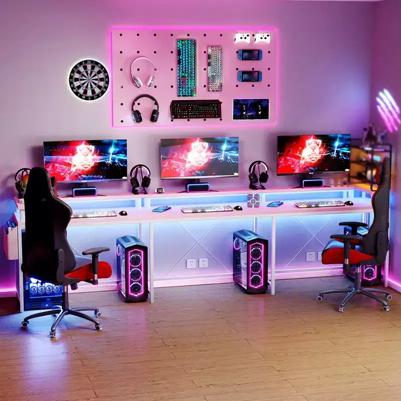Bureau d'ordinateur en U, console réversible en L avec prises, bande lumineuse et support d'écran, fonction de rangement, convient pour le bureau à domicile