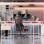 Bureau d'ordinateur en U, console réversible en L avec prises, bande lumineuse et support d'écran, fonction de rangement, convient pour le bureau à domicile