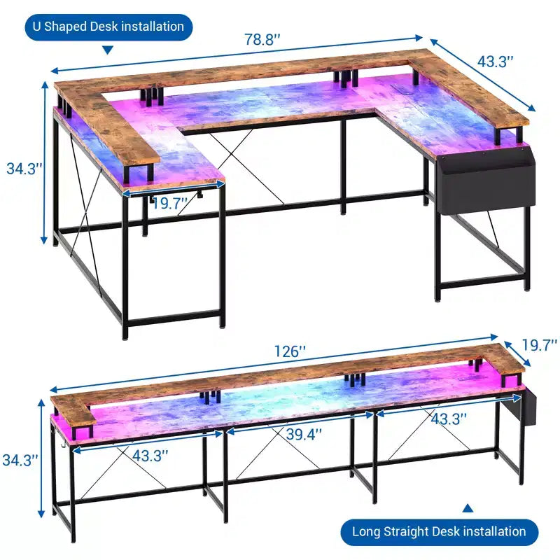 Bureau d'ordinateur en U, console réversible en L avec prises, bande lumineuse et support d'écran, fonction de rangement, convient pour le bureau à domicile