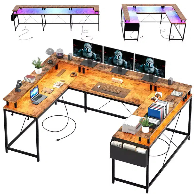 Bureau d'ordinateur en U, console réversible en L avec prises, bande lumineuse et support d'écran, fonction de rangement, convient pour le bureau à domicile