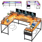 Bureau d'ordinateur en U, console réversible en L avec prises, bande lumineuse et support d'écran, fonction de rangement, convient pour le bureau à domicile