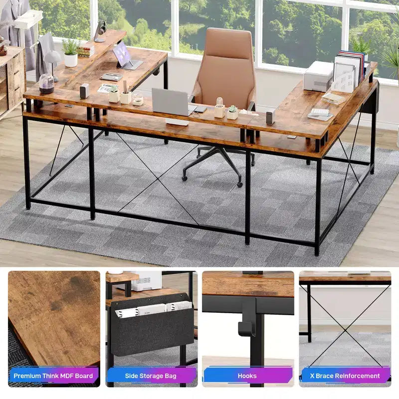 Bureau d'ordinateur en U, console réversible en L avec prises, bande lumineuse et support d'écran, fonction de rangement, convient pour le bureau à domicile