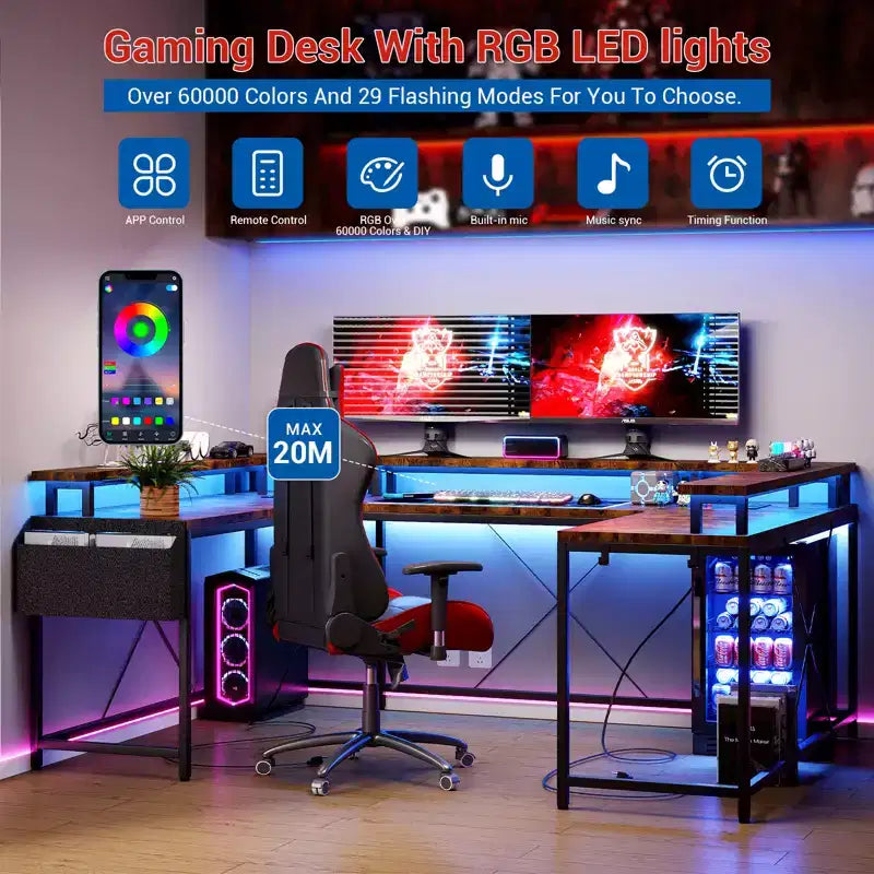 Bureau d'ordinateur en U, console réversible en L avec prises, bande lumineuse et support d'écran, fonction de rangement, convient pour le bureau à domicile