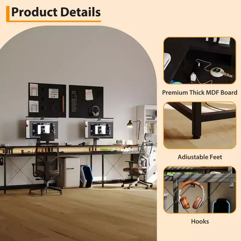 Bureau d'ordinateur en U, console réversible en L avec prises, bande lumineuse et support d'écran, fonction de rangement, convient pour le bureau à domicile