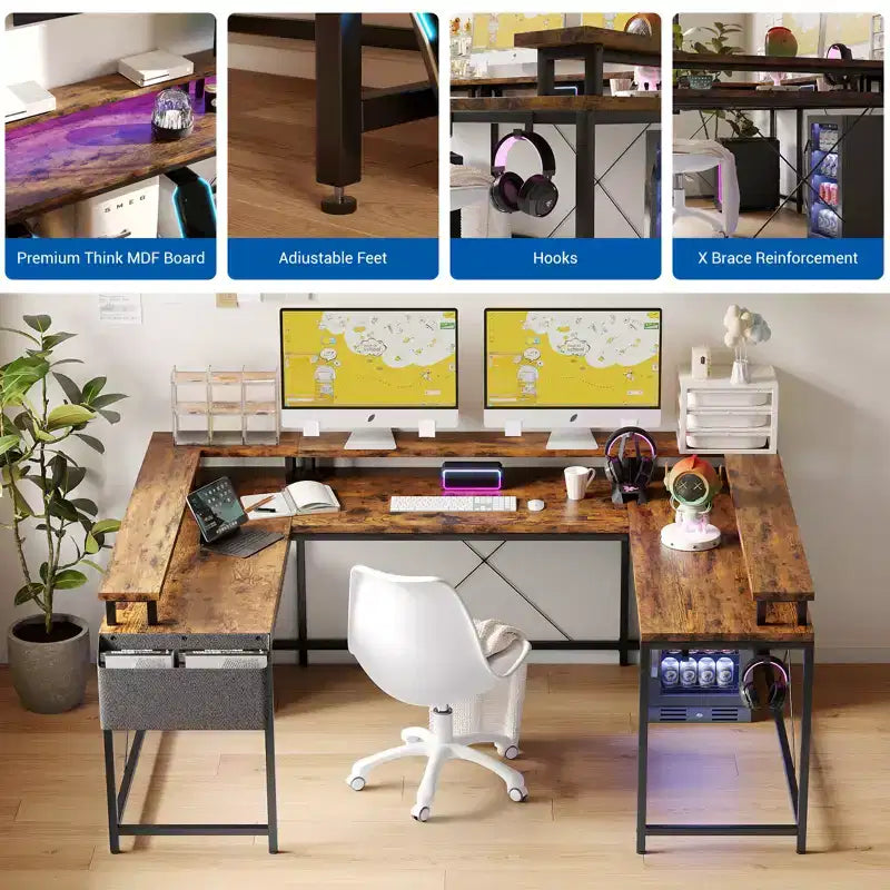 Bureau d'ordinateur en U, console réversible en L avec prises, bande lumineuse et support d'écran, fonction de rangement, convient pour le bureau à domicile