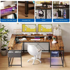 Bureau d'ordinateur en U, console réversible en L avec prises, bande lumineuse et support d'écran, fonction de rangement, convient pour le bureau à domicile