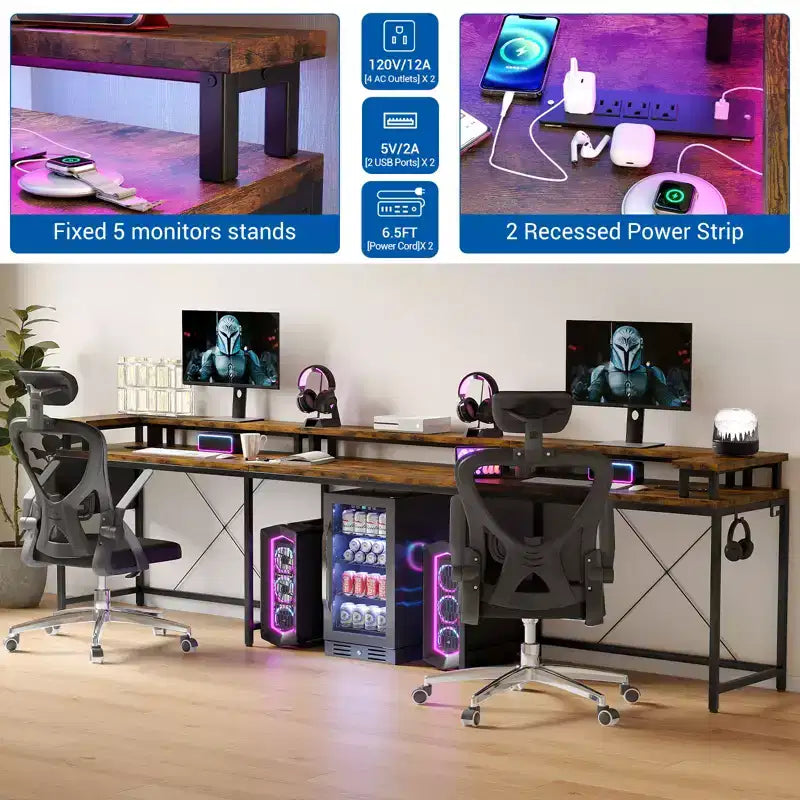 Bureau d'ordinateur en U, console réversible en L avec prises, bande lumineuse et support d'écran, fonction de rangement, convient pour le bureau à domicile