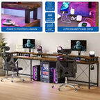 Bureau d'ordinateur en U, console réversible en L avec prises, bande lumineuse et support d'écran, fonction de rangement, convient pour le bureau à domicile