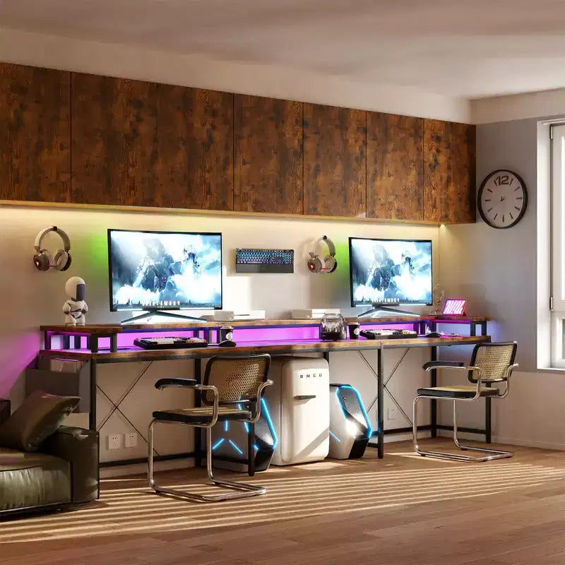 Bureau d'ordinateur en U, console réversible en L avec prises, bande lumineuse et support d'écran, fonction de rangement, convient pour le bureau à domicile