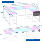 Bureau d'ordinateur en U, console réversible en L avec prises, bande lumineuse et support d'écran, fonction de rangement, convient pour le bureau à domicile
