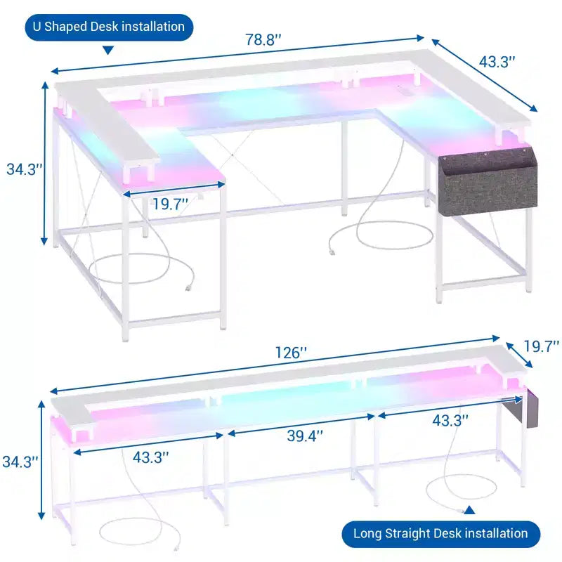 Bureau d'ordinateur en U, console réversible en L avec prises, bande lumineuse et support d'écran, fonction de rangement, convient pour le bureau à domicile