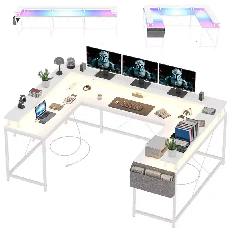 Bureau d'ordinateur en U, console réversible en L avec prises, bande lumineuse et support d'écran, fonction de rangement, convient pour le bureau à domicile