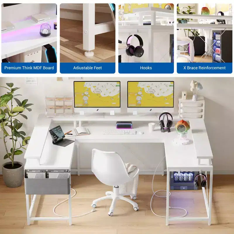 Bureau d'ordinateur en U, console réversible en L avec prises, bande lumineuse et support d'écran, fonction de rangement, convient pour le bureau à domicile