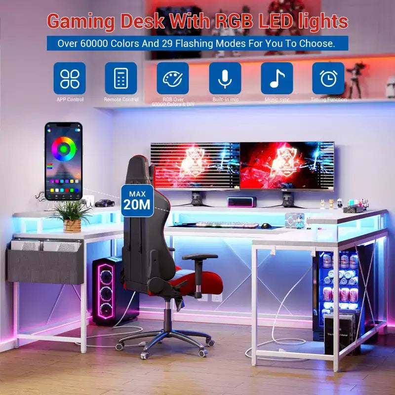 Bureau d'ordinateur en U, console réversible en L avec prises, bande lumineuse et support d'écran, fonction de rangement, convient pour le bureau à domicile