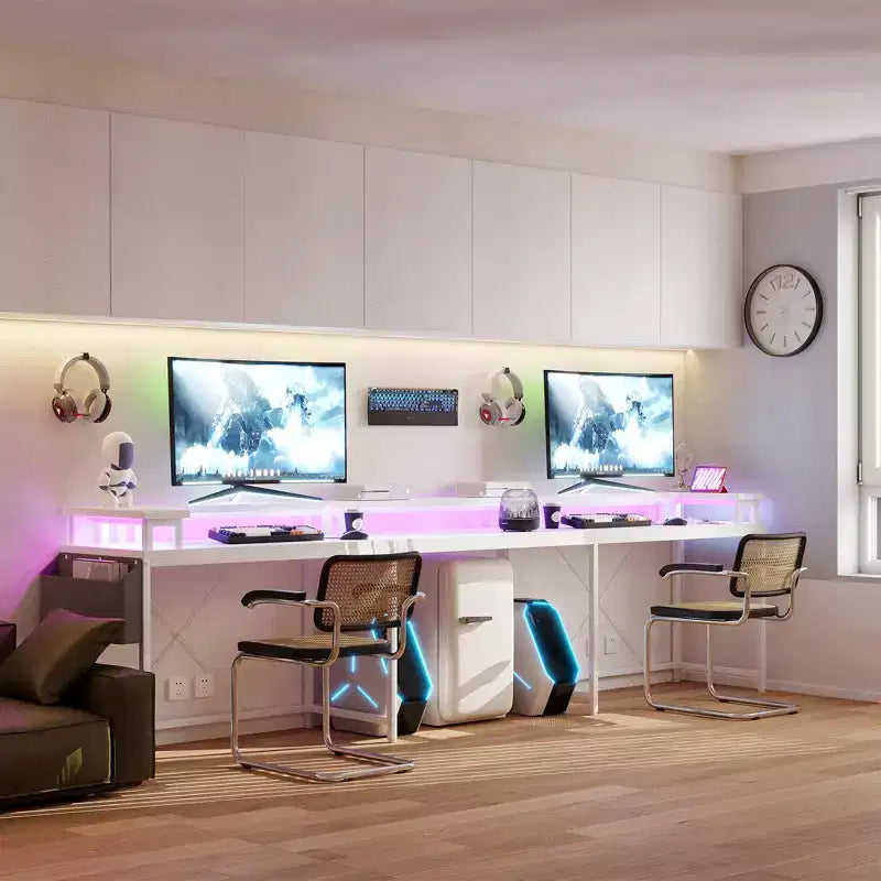 Bureau d'ordinateur en U, console réversible en L avec prises, bande lumineuse et support d'écran, fonction de rangement, convient pour le bureau à domicile