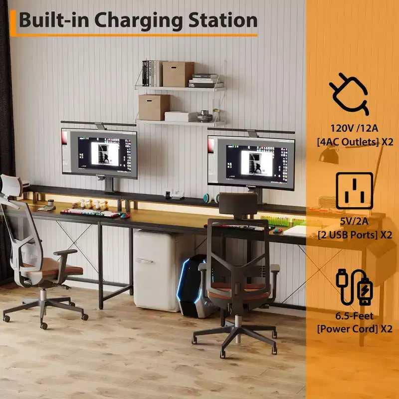 Bureau d'ordinateur en U, console réversible en L avec prises, bande lumineuse et support d'écran, fonction de rangement, convient pour le bureau à domicile