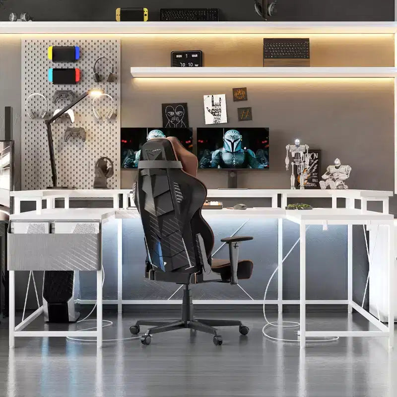 Bureau d'ordinateur en U, console réversible en L avec prises, bande lumineuse et support d'écran, fonction de rangement, convient pour le bureau à domicile