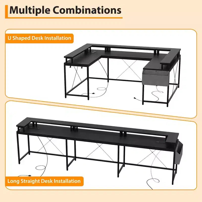 Bureau d'ordinateur en U, console réversible en L avec prises, bande lumineuse et support d'écran, fonction de rangement, convient pour le bureau à domicile