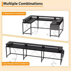 Bureau d'ordinateur en U, console réversible en L avec prises, bande lumineuse et support d'écran, fonction de rangement, convient pour le bureau à domicile
